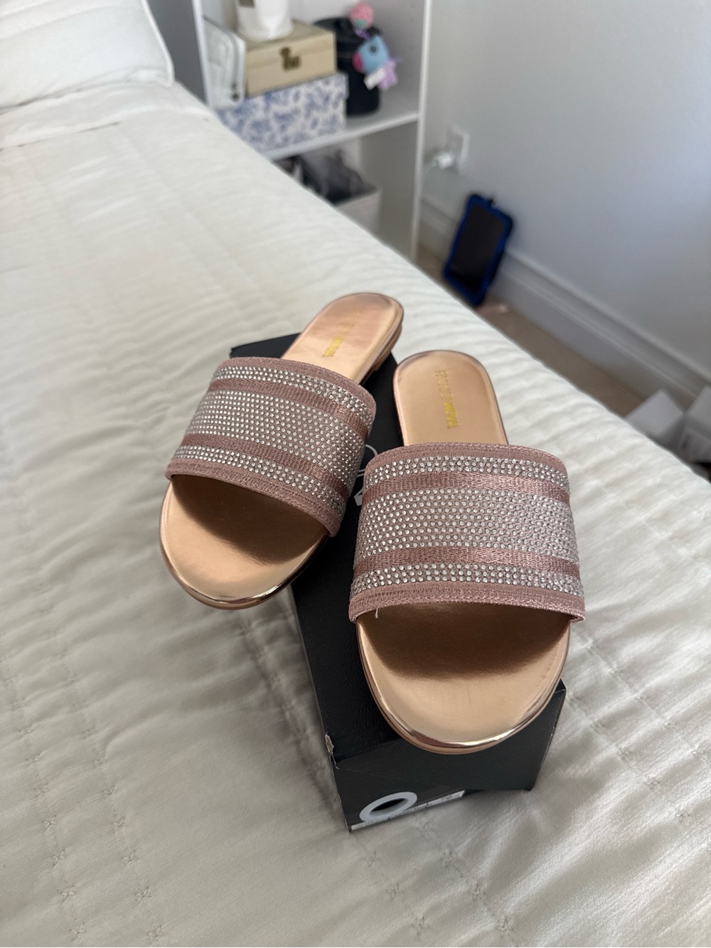 Stylish Rose Gold Slide Sandals with Embellished Strap